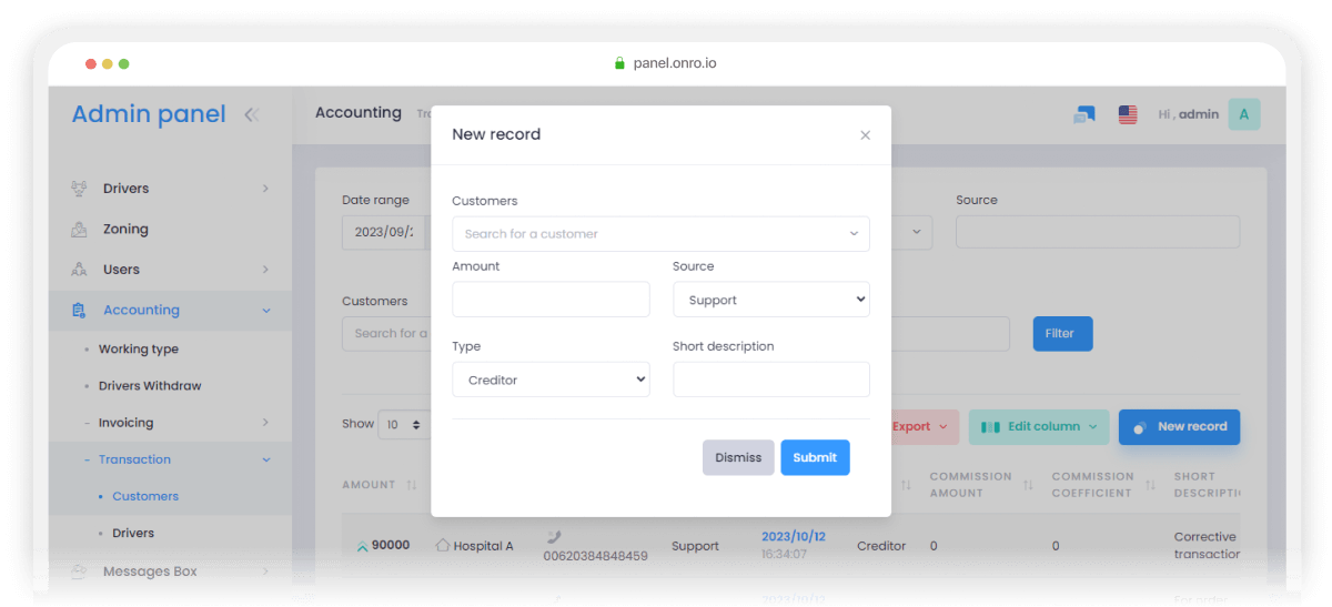 Admin panel presents financial and accounting features for the admins.