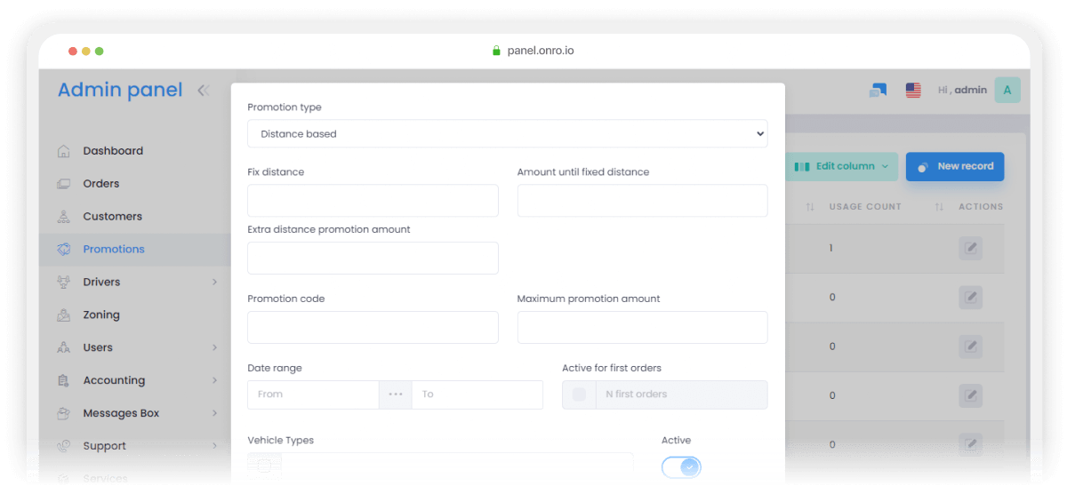 Define promotions in the admin panel and run campaigns in your on-demand delivery platform.
