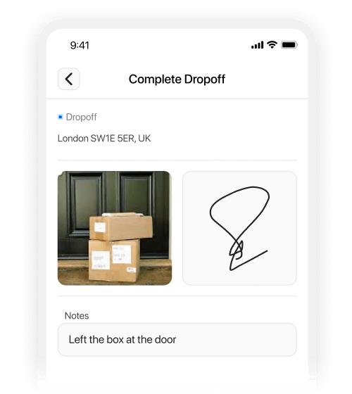 Drivers record customers signature, picture and write note with proof of delivery feature in a on-demand delivery platform