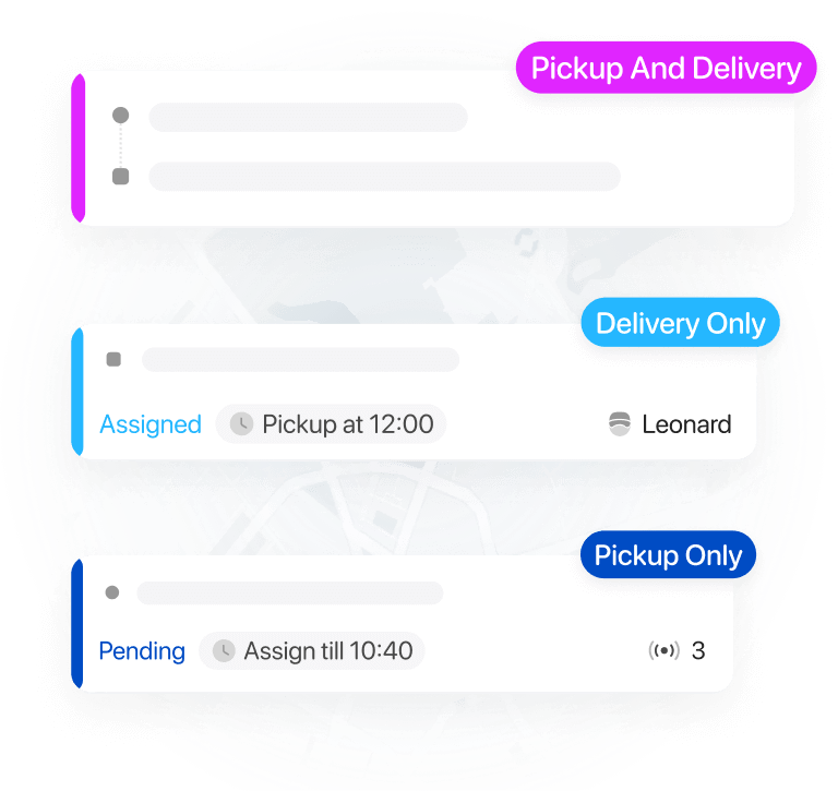 Pickup and delivery software with different workflows such as pickup only, delivery only, and P&D.