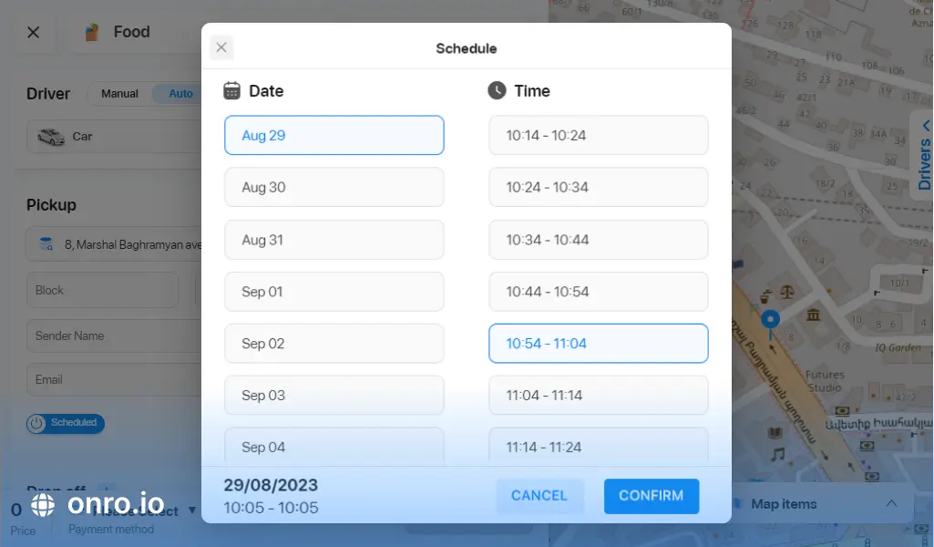 In the dispatcher panel, there is a feature to schedule orders.