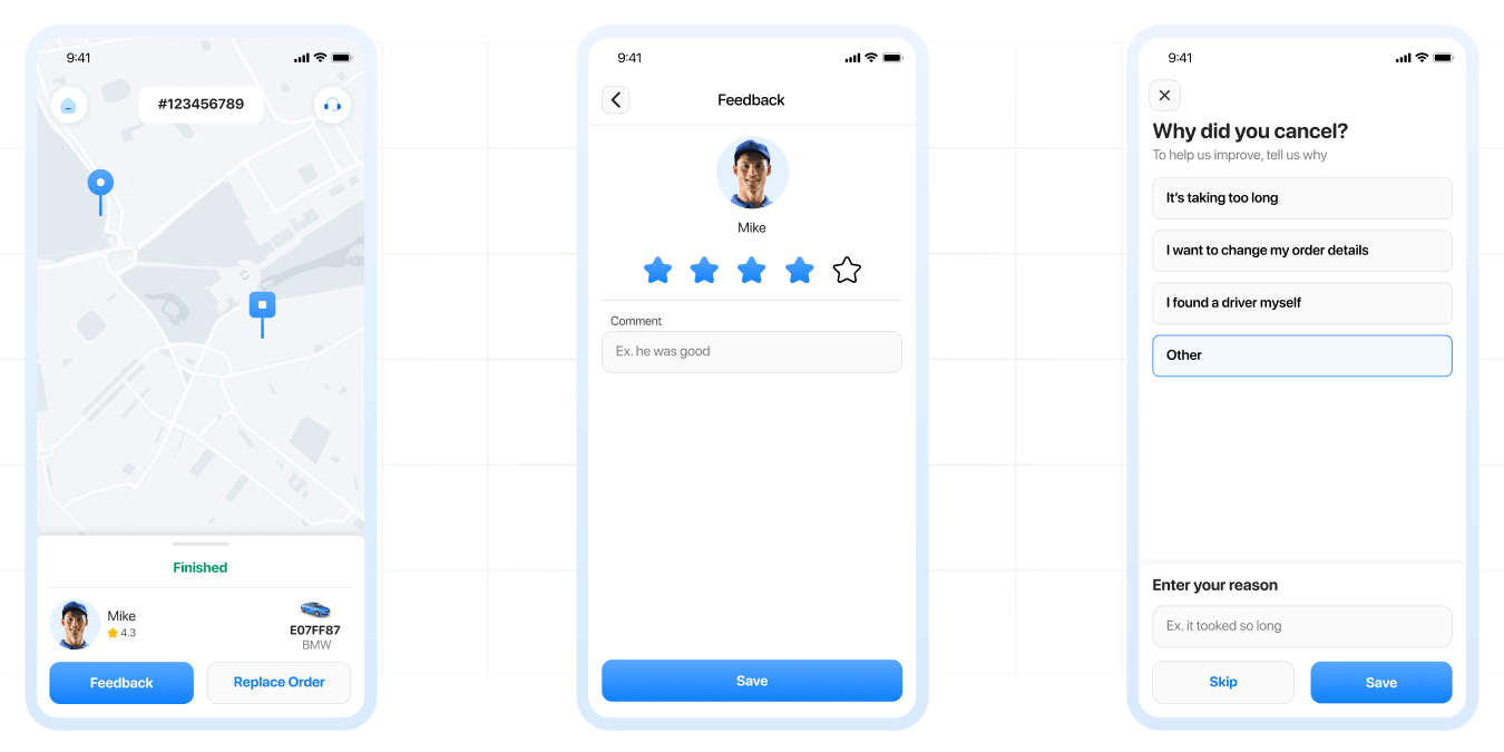 feedback and reasons feature helps you to get customer and drivers feedback through applications with their rating and comment and facilitates the collection of feedback directly after each order completion or cancellation.