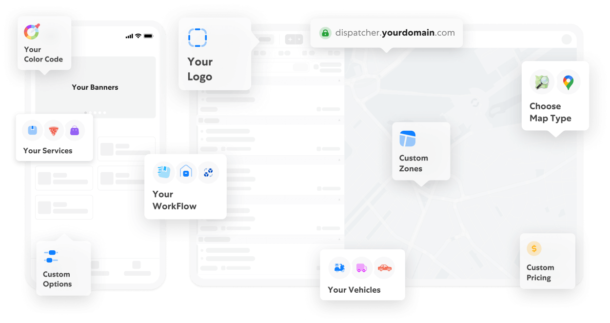 By the white-label feature you can customize logo, services, vehicles, zones, pricing, track page, apps, and more.