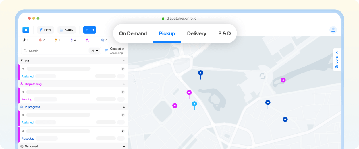 Onro supports different workflows including on-demand, pickup, and delivery.
