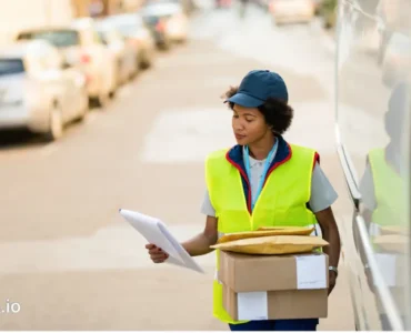 This photo shows a delivery woman who is scheduling deliveries.