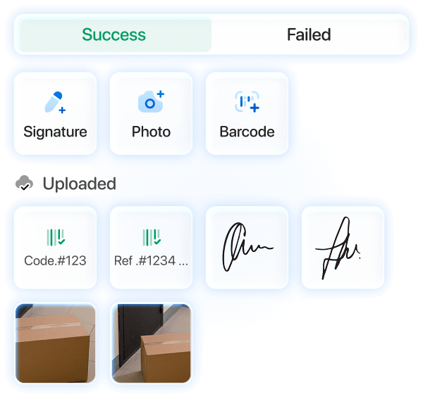 Onro Driver app showing proof of delivery with signature, photos, notes, and barcode capture.