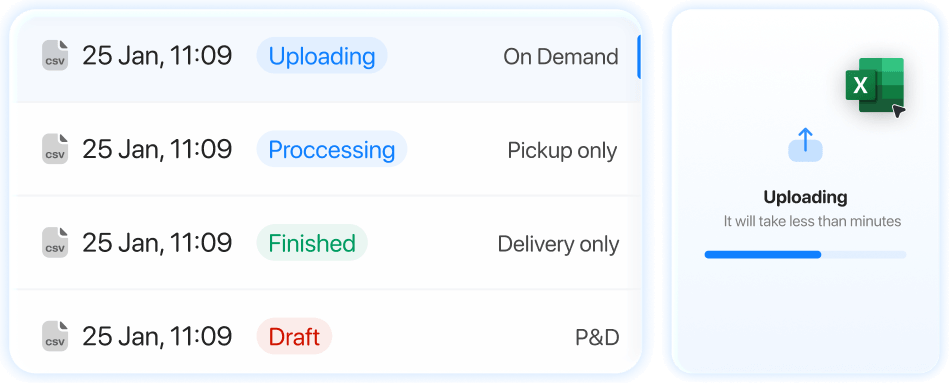 Customer app uploading a CSV file to create multiple pickup and delivery orders in bulk.