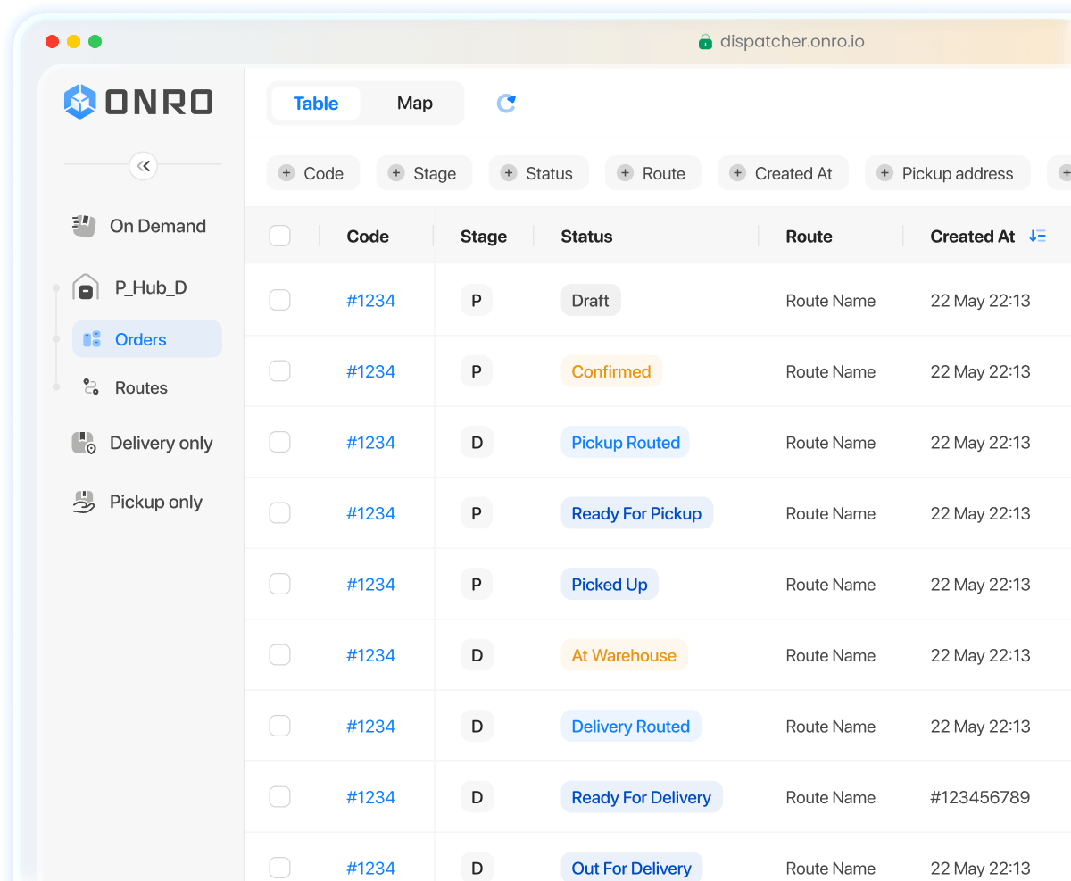 Dispatcher panel showing delivery workflows, order management, and routing in courier software.