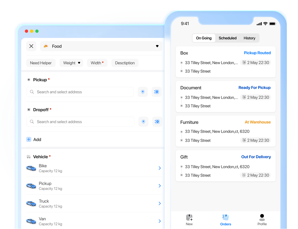 Customer app screens (web and mobile) showing orders, vehicle management, order creation, and delivery status tracking.