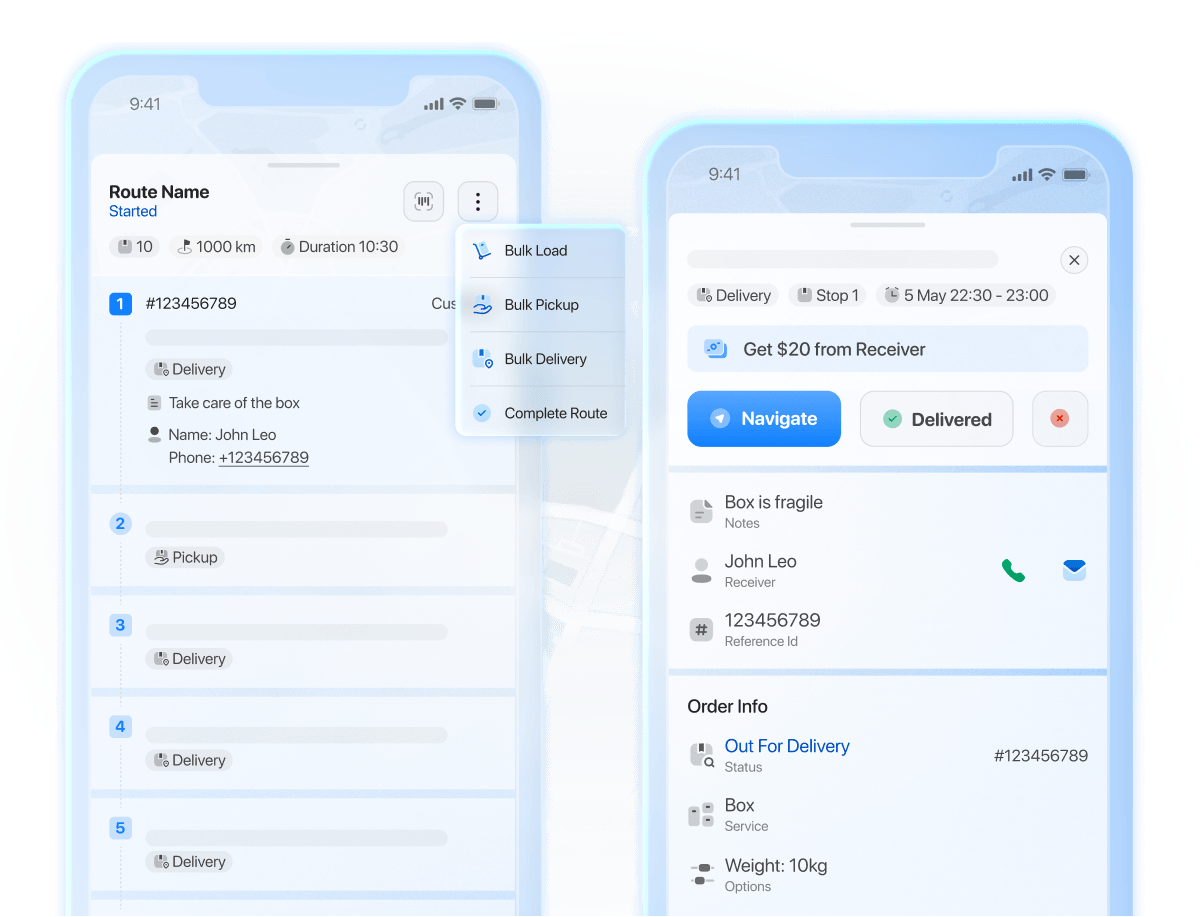 Onro Driver app screens showing route execution, navigation, order management, and bulk scanning.