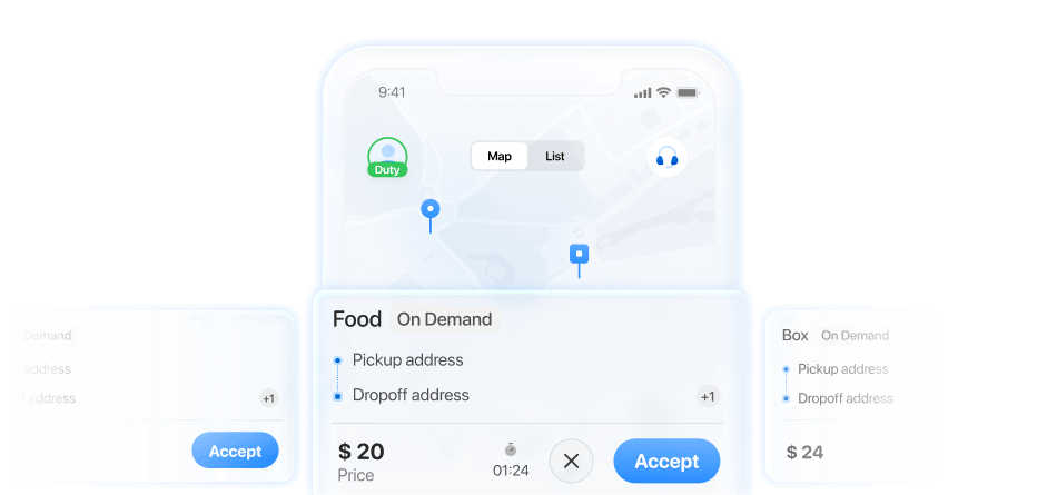 Onro Driver app showing order assignment with delivery offers sent to drivers.