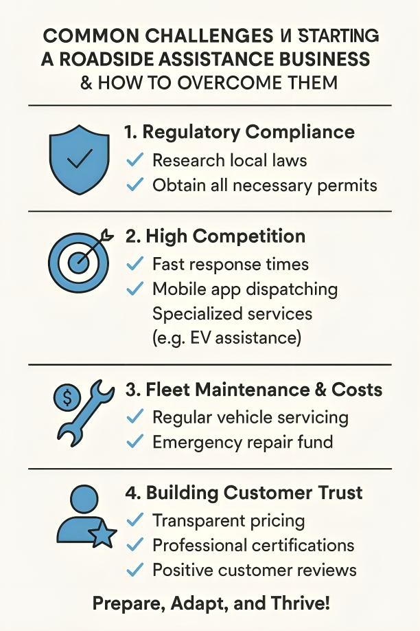 This image shows the common challenges in starting a roadside assistance business and solutions
