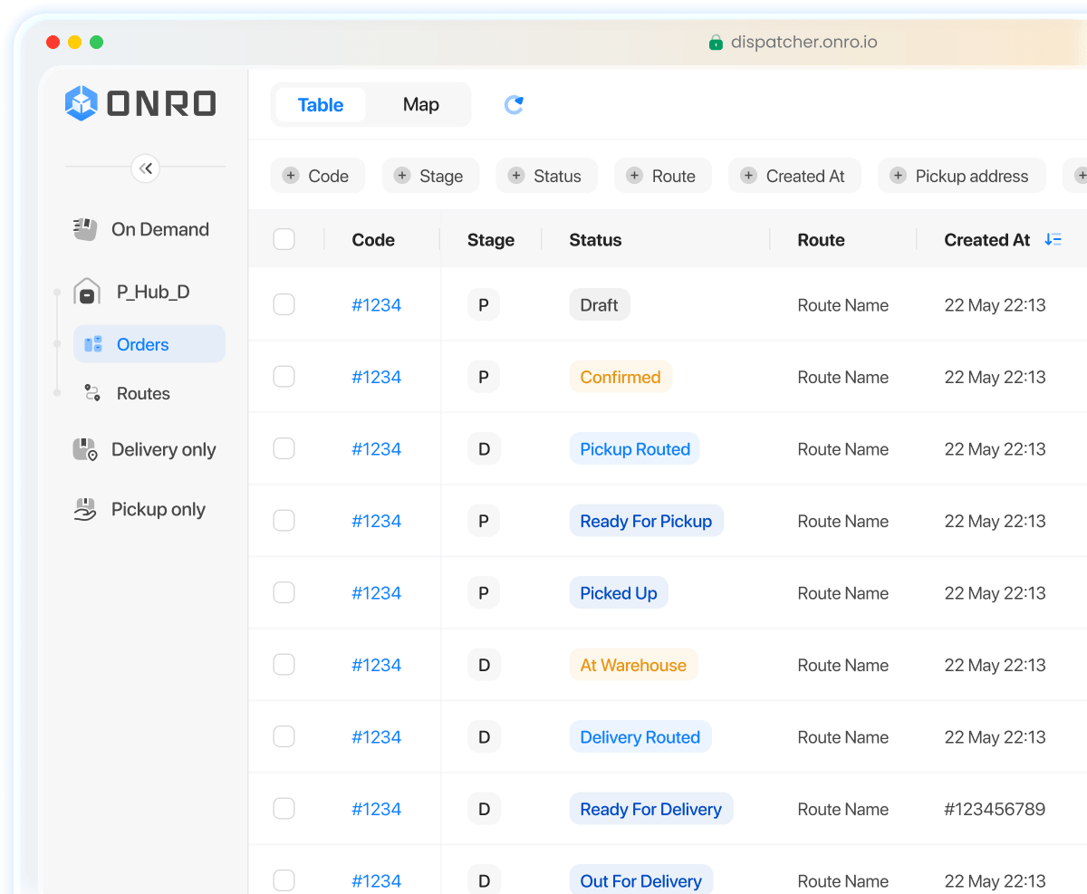 Onro dispatcher dashboard showing pickup and delivery orders management.