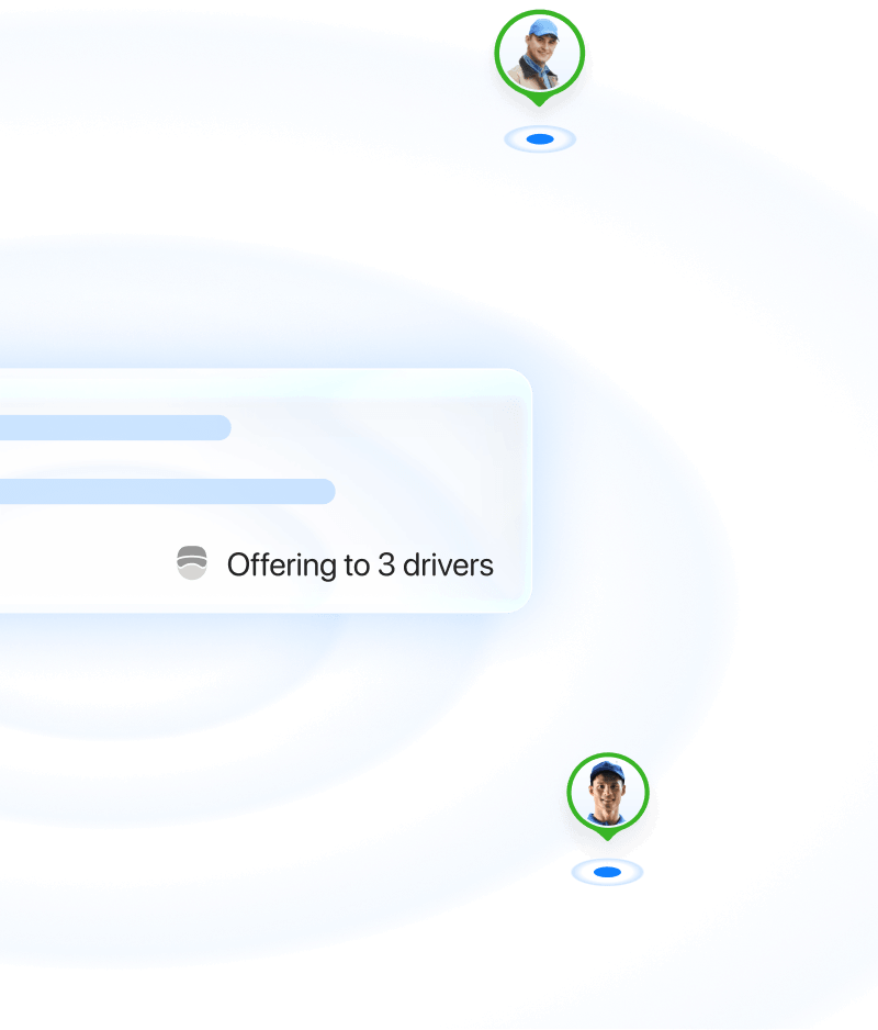 Concept of Onro auto-dispatching showing drivers being automatically assigned.