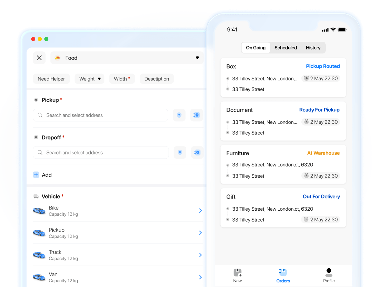 Onro customer app screens showing order management, vehicles, and delivery tracking features.