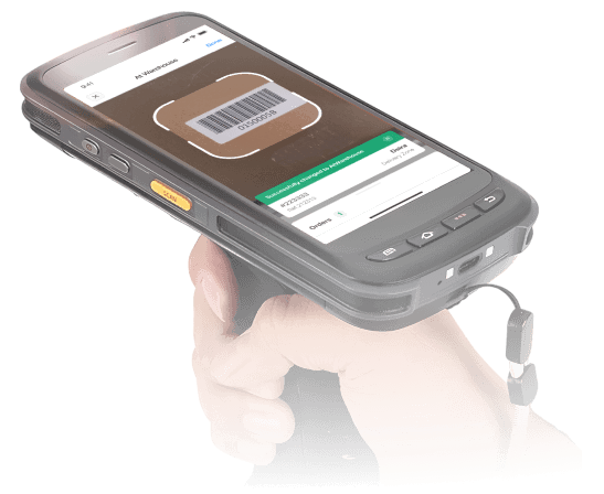 Onro scanner app showing barcode scanning process on a mobile device held in hand.