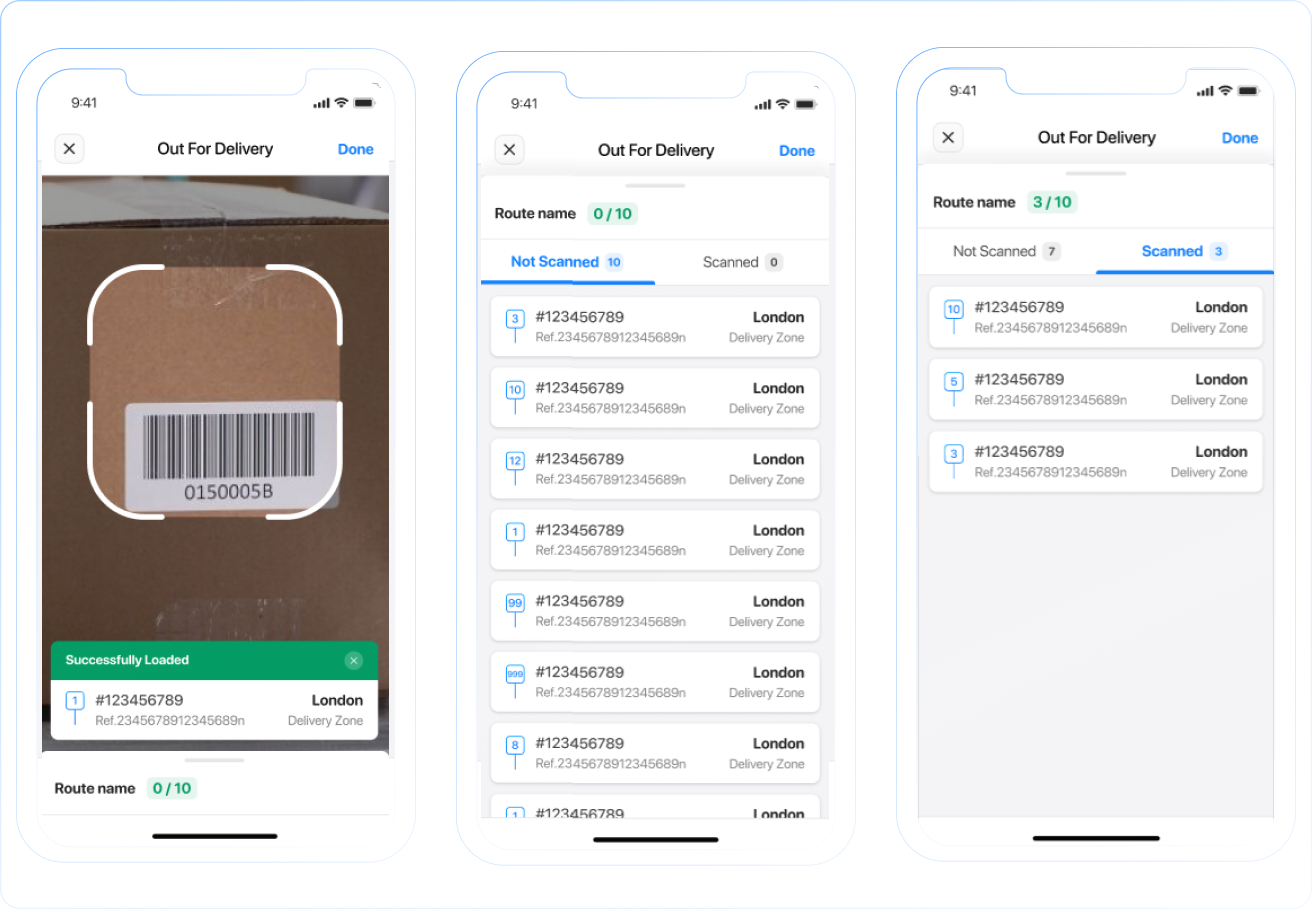 Driver app Out For Delivery screen showing Not Scanned and Scanned lists side by side during bulk loading