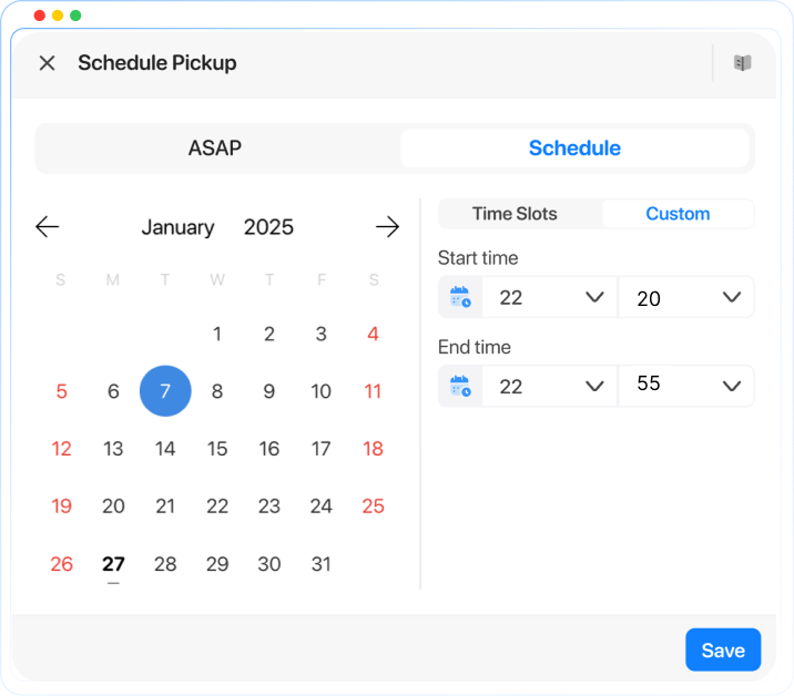 Schedule Pickup screen showing a custom Start time and End time selector for choosing a flexible scheduling window
