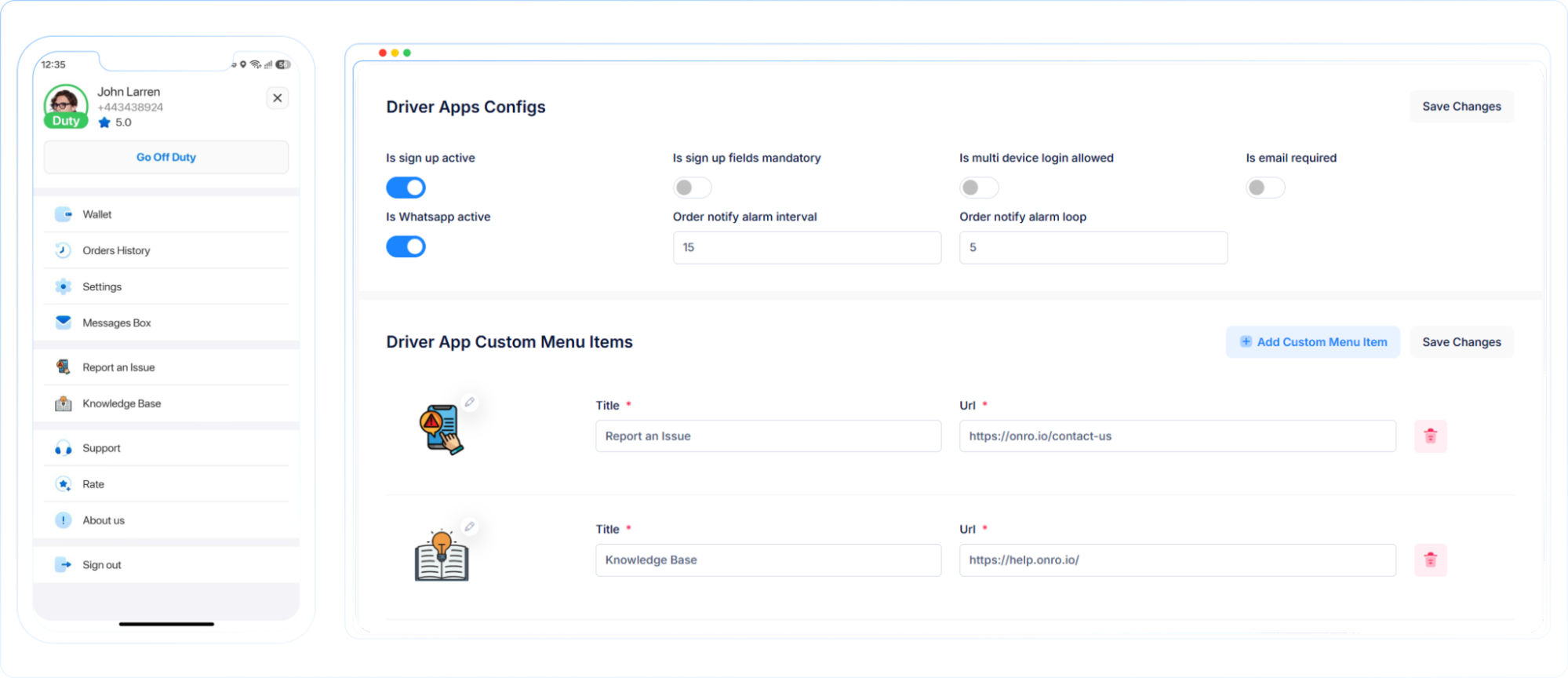 Admin panel Driver App Custom Menu Items settings next to the driver app menu showing custom items like Report an Issue and Knowledge Base