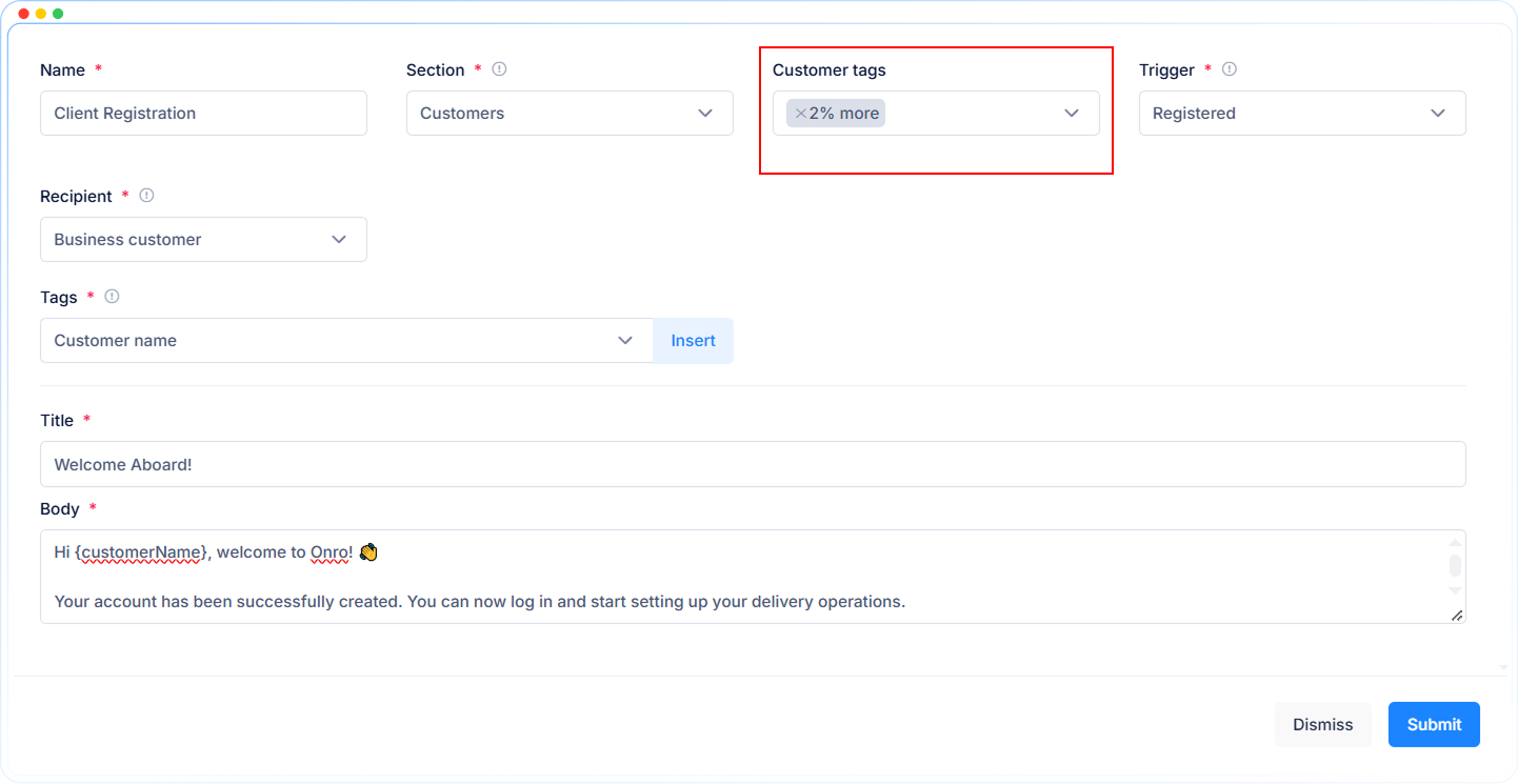 Onro communication template form with the new Customer tags field set to target specific customer tags