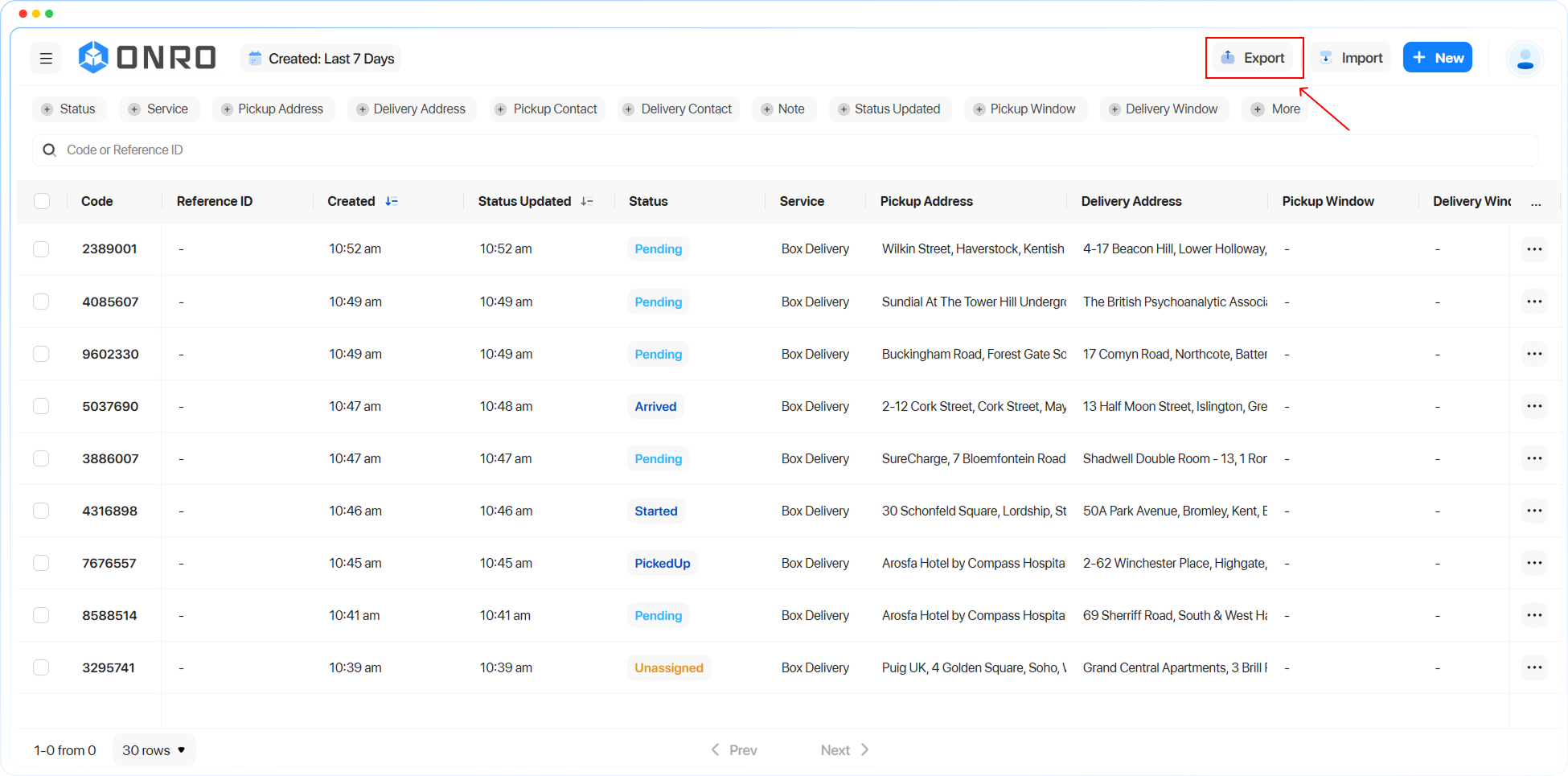 Onro Customer Web Portal order table with column filters and the Export button highlighted at the top right