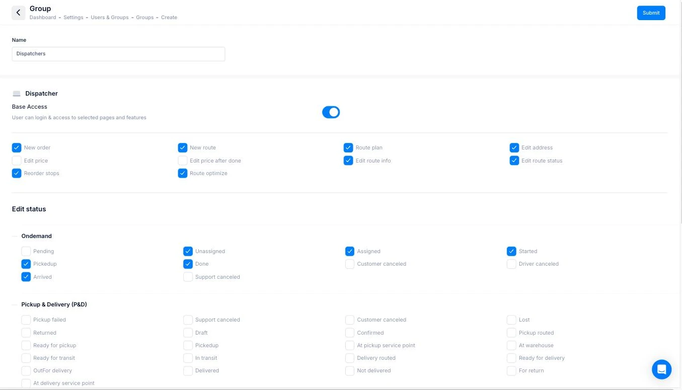 Onro group form for a Dispatchers group with Dispatcher base access on, route and order actions checked, and price editing left off