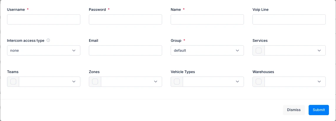 Onro new user form with username, password, group, services, teams, zones, vehicle types and warehouses fields