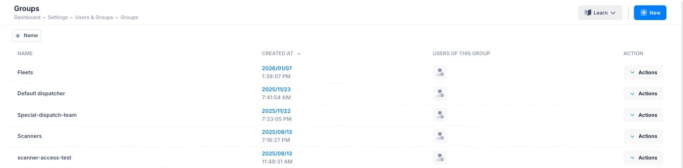 Groups list in the Onro Admin Center under Settings, Users & Groups, with the New button for creating a group