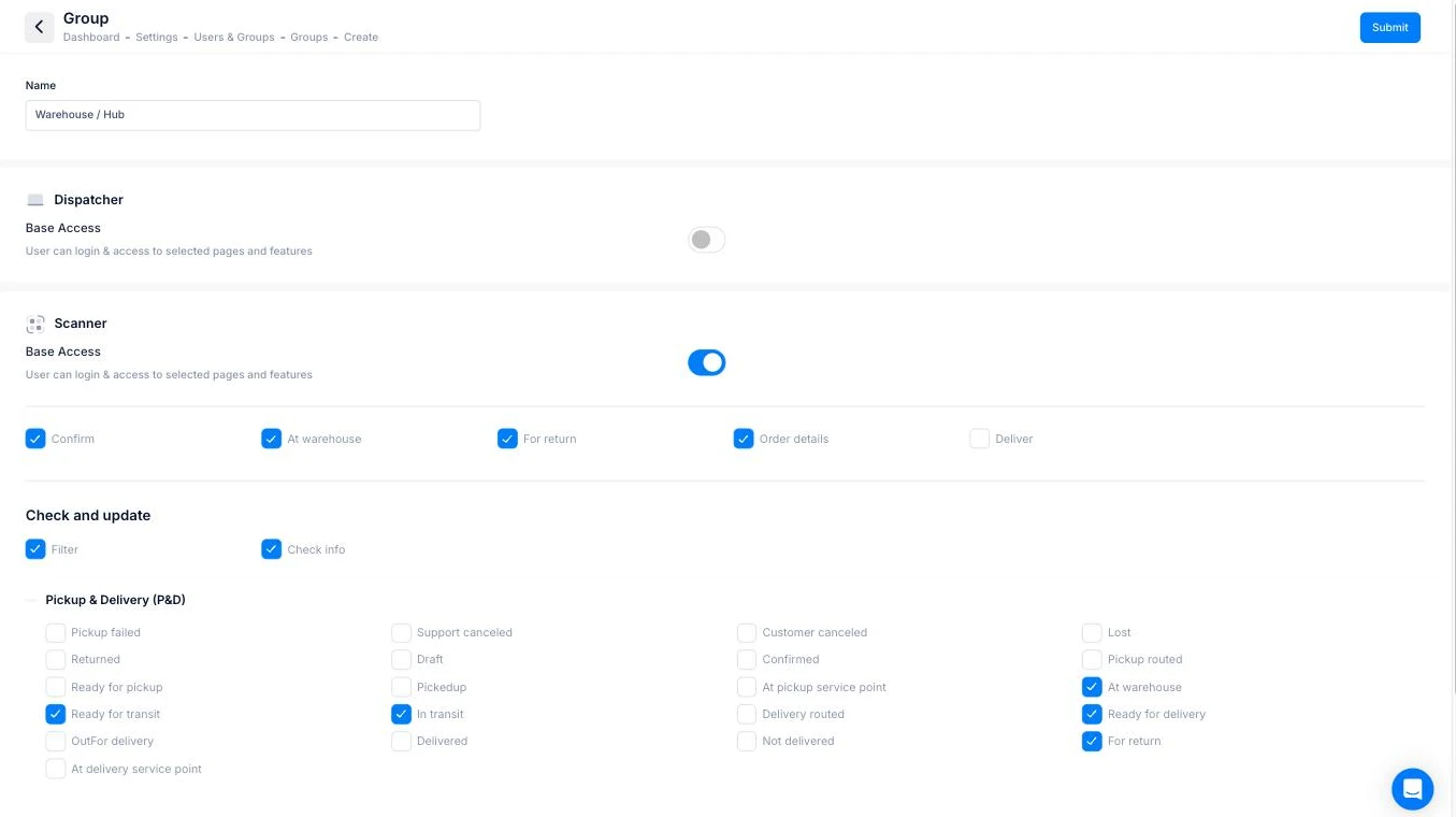 Onro group form for a Warehouse / Hub group with Scanner base access on and warehouse scanning actions and statuses selected