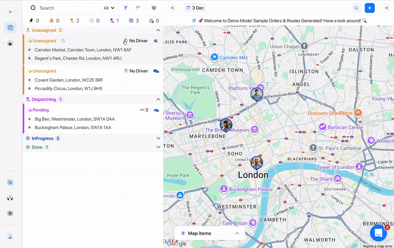 Driver suggestion panel showing recommended drivers for an unassigned order.