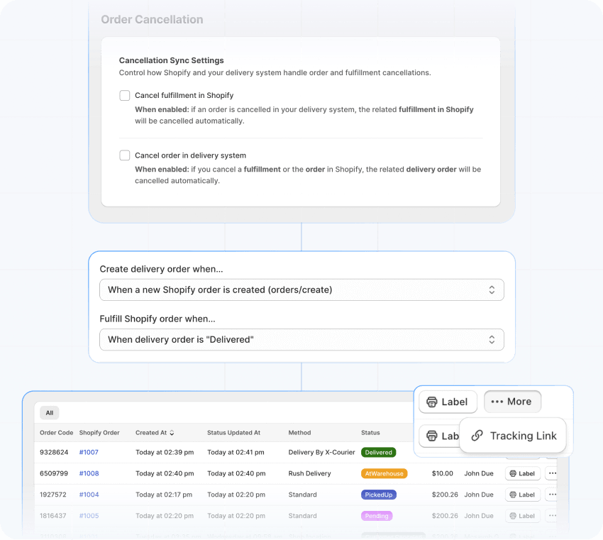 Automatic synchronization of order status, cancellation, and fulfillment updates between Onro and Shopify