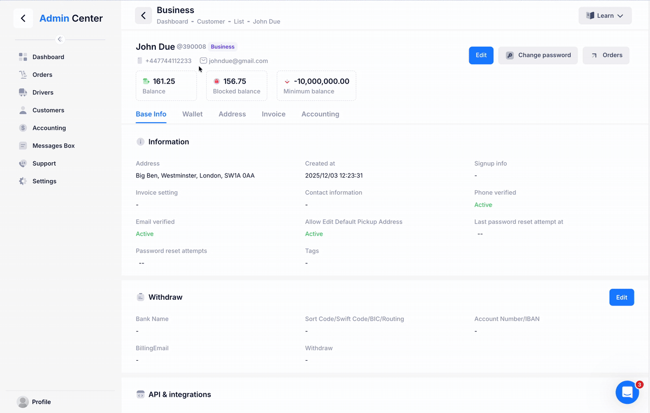 Tag Management interface showing tags for customers, drivers, and orders.