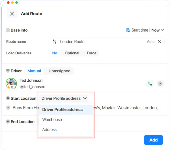 Add Route form in Onro with Driver Profile address selected as the start location