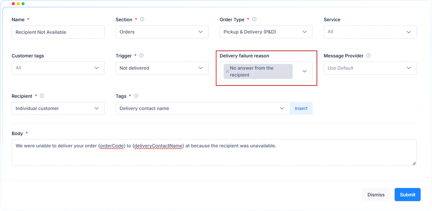 Communication template form in Onro with the Delivery failure reason filter set to No answer from the recipient