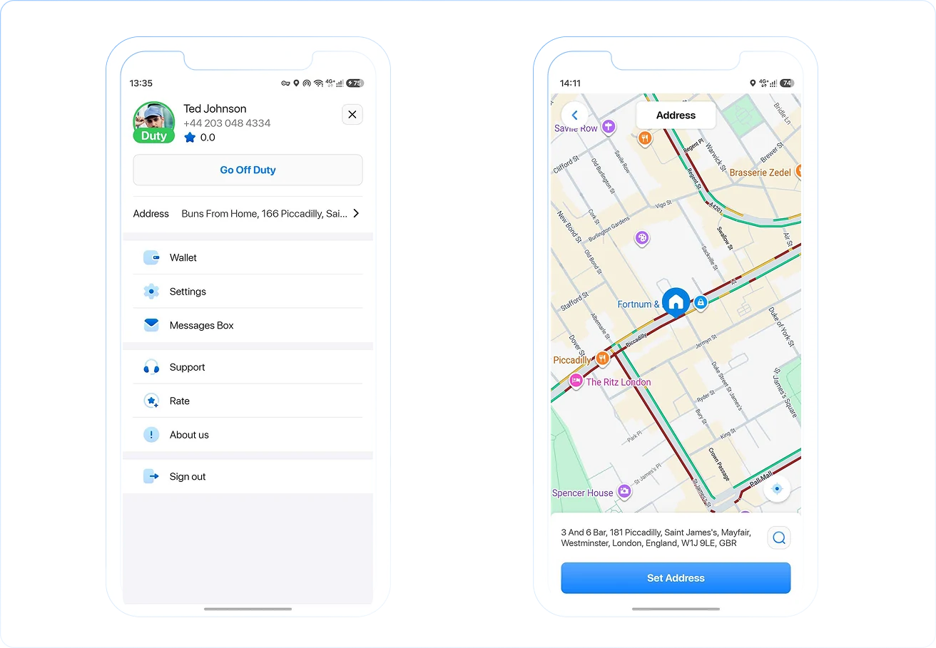 Onro driver app profile with the Address row and the Set Address map screen