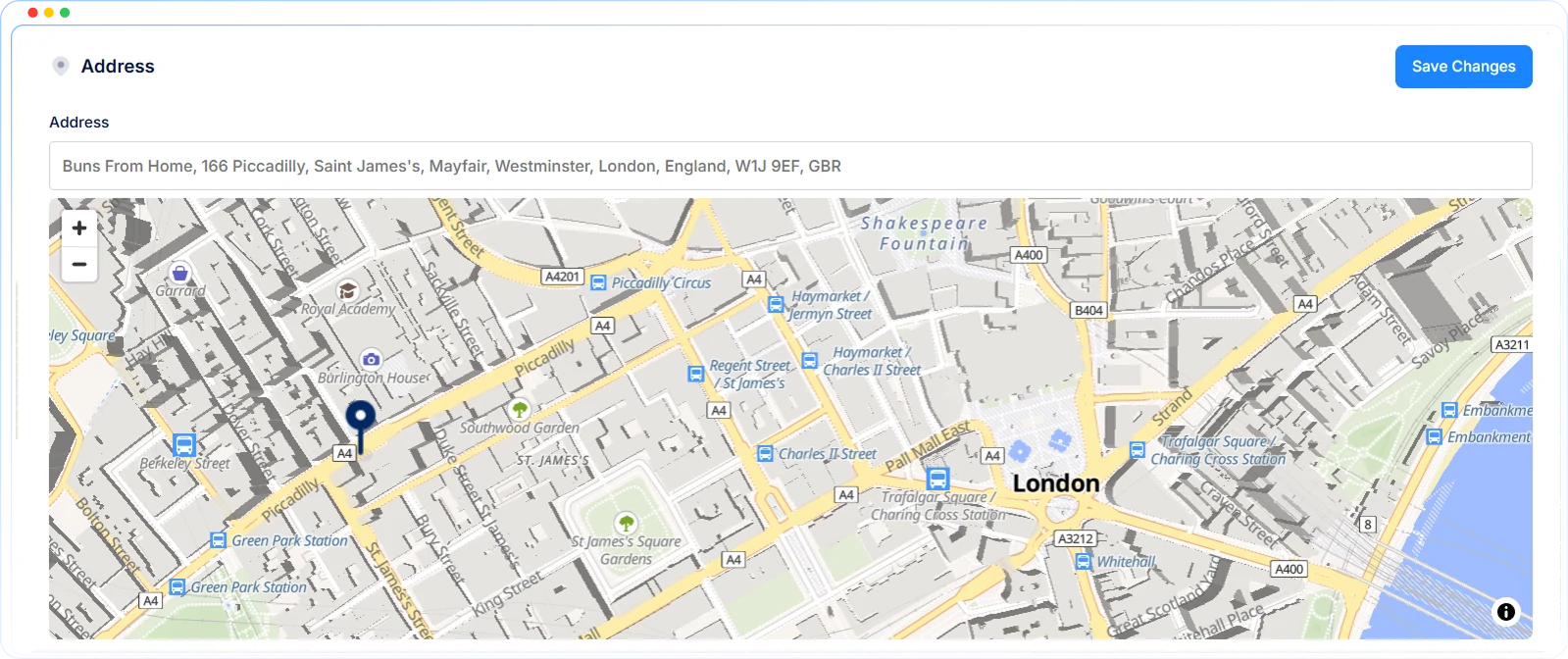 Driver profile Address field in the Onro dashboard, linked to a map pin
