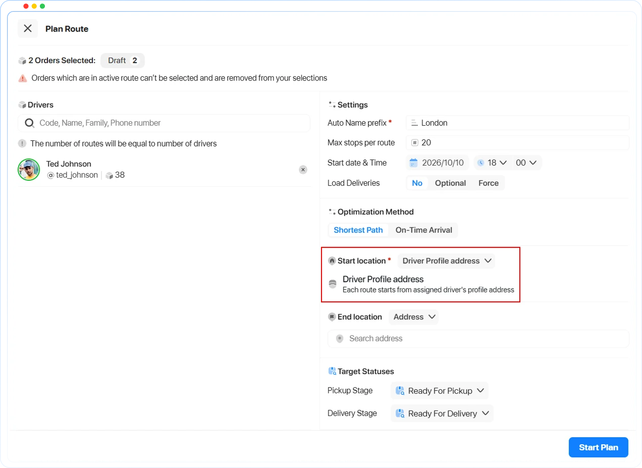 Plan Route form in Onro with Driver Profile address set as the start location for each route