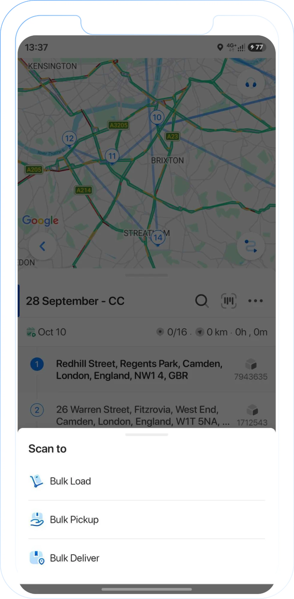 Onro driver app route details with the Scan to menu showing Bulk Load, Bulk Pickup and Bulk Deliver options