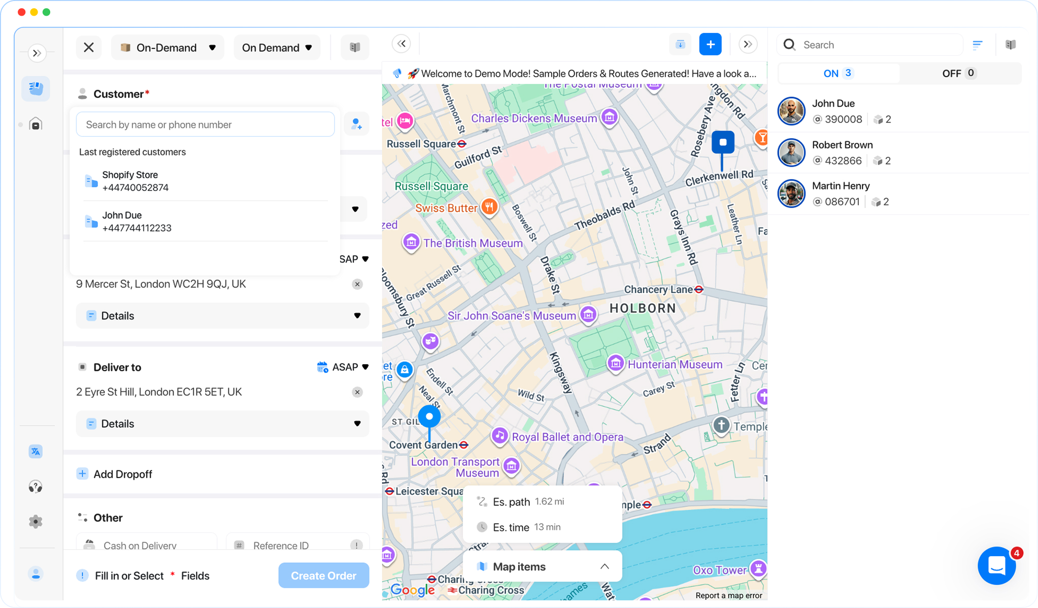 Create an manage orders in dispatcher by choosing customer's profile.