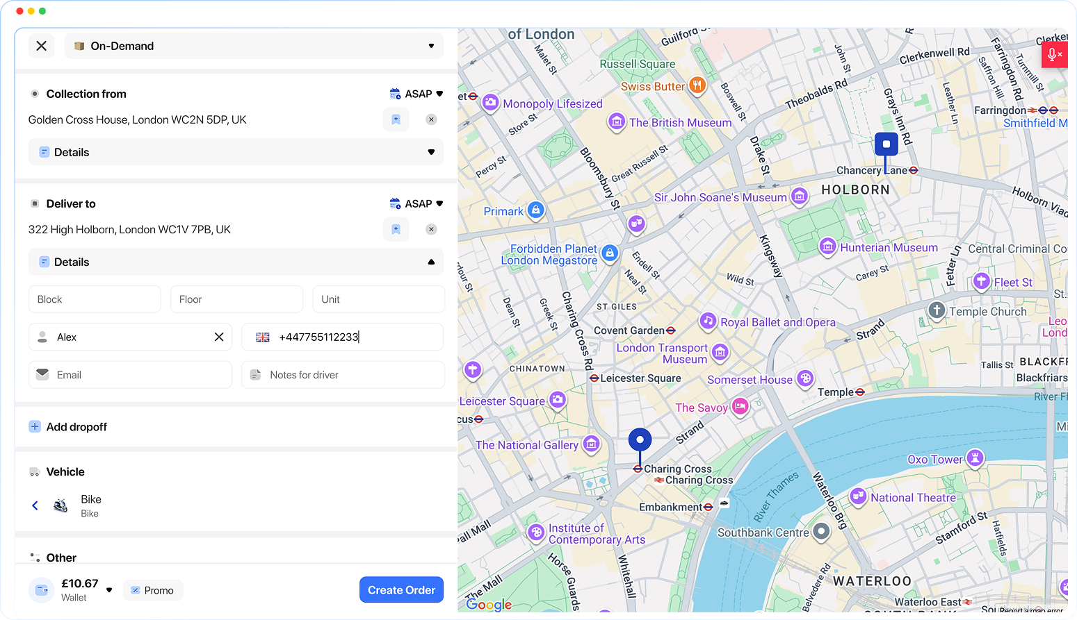 Unified Customer portal showing how users place delivery orders with pickup and delivery addresses