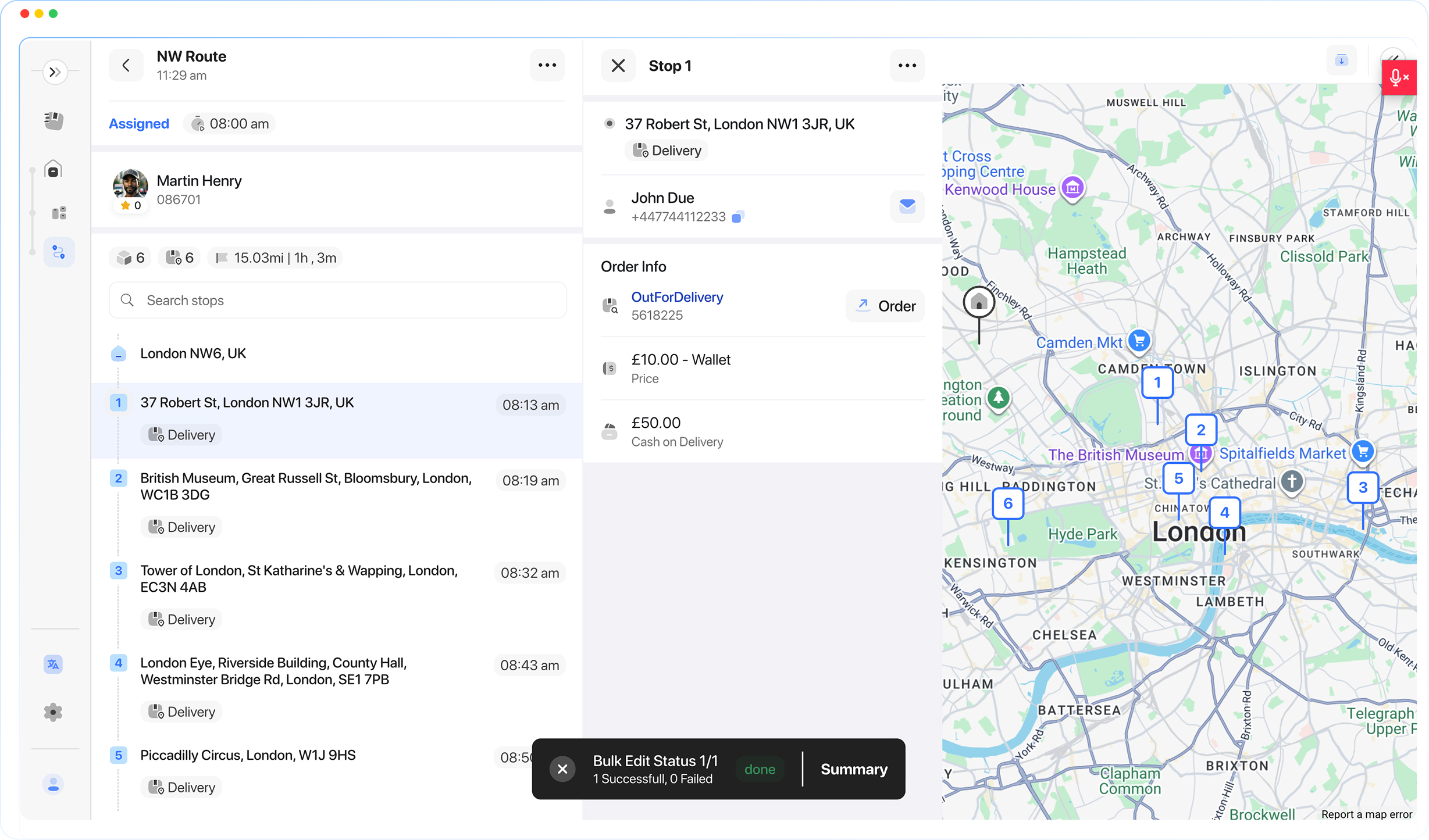 Driver app showing cash on delivery amount to collect for a dispatched order
