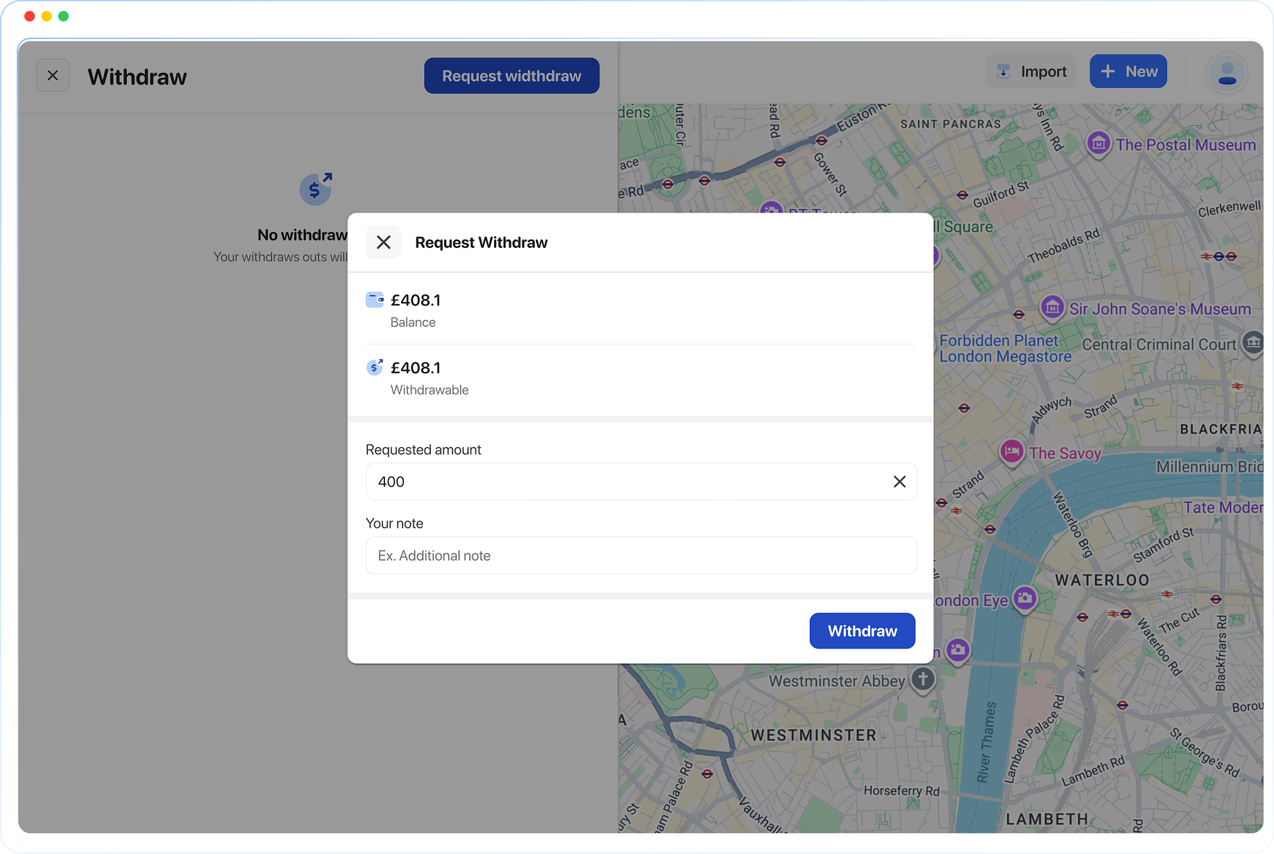 Customer requests cash on delivery withdrawal and wallet shows completed payout transaction