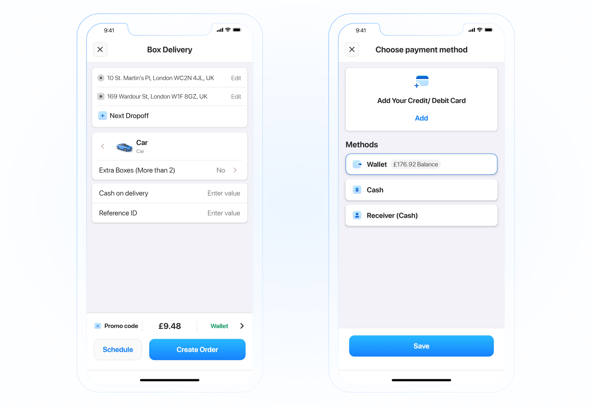 Multiple payment options in courier software including wallet, card, and cash on delivery