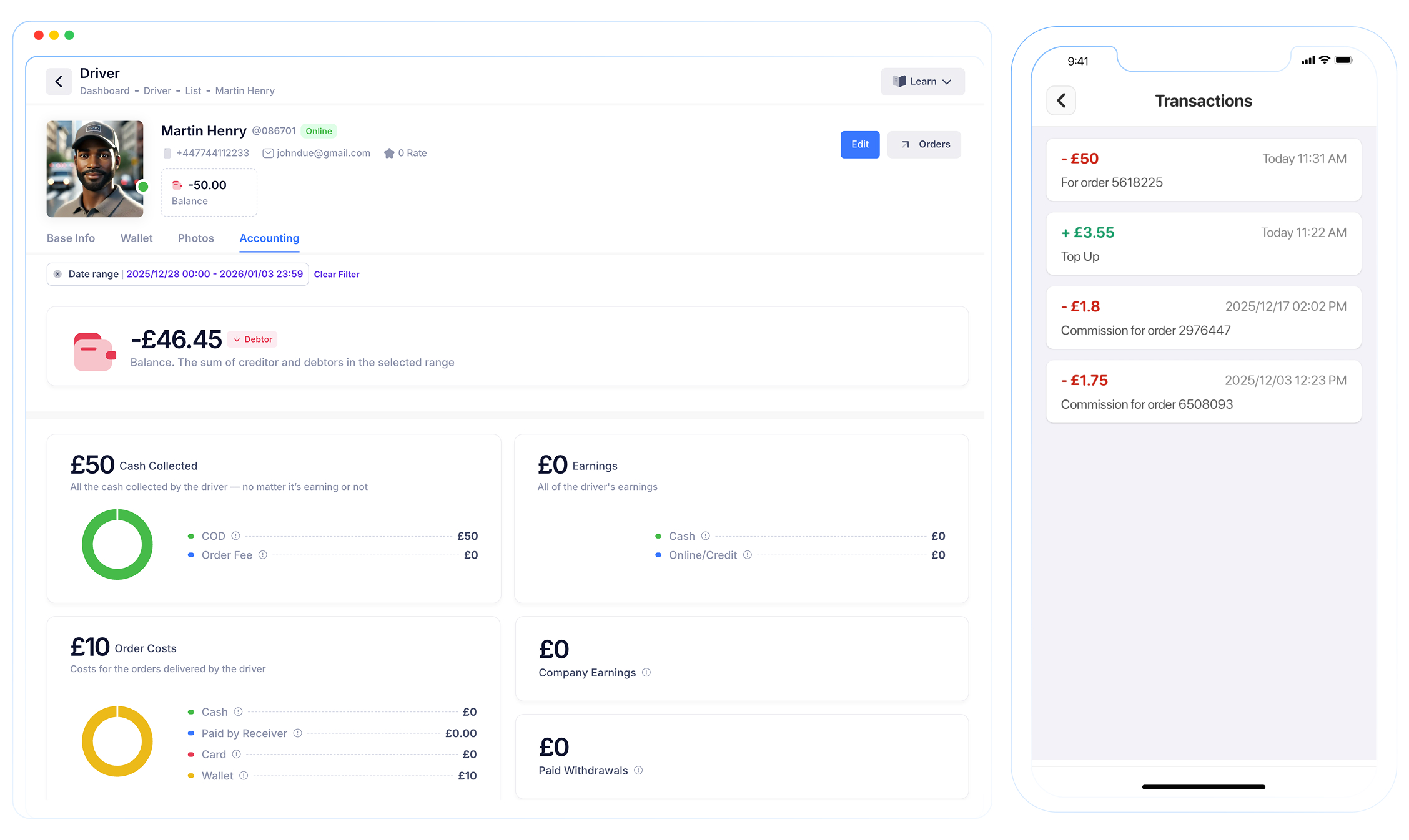 Driver wallet transaction showing cash on delivery settlement and updated balance