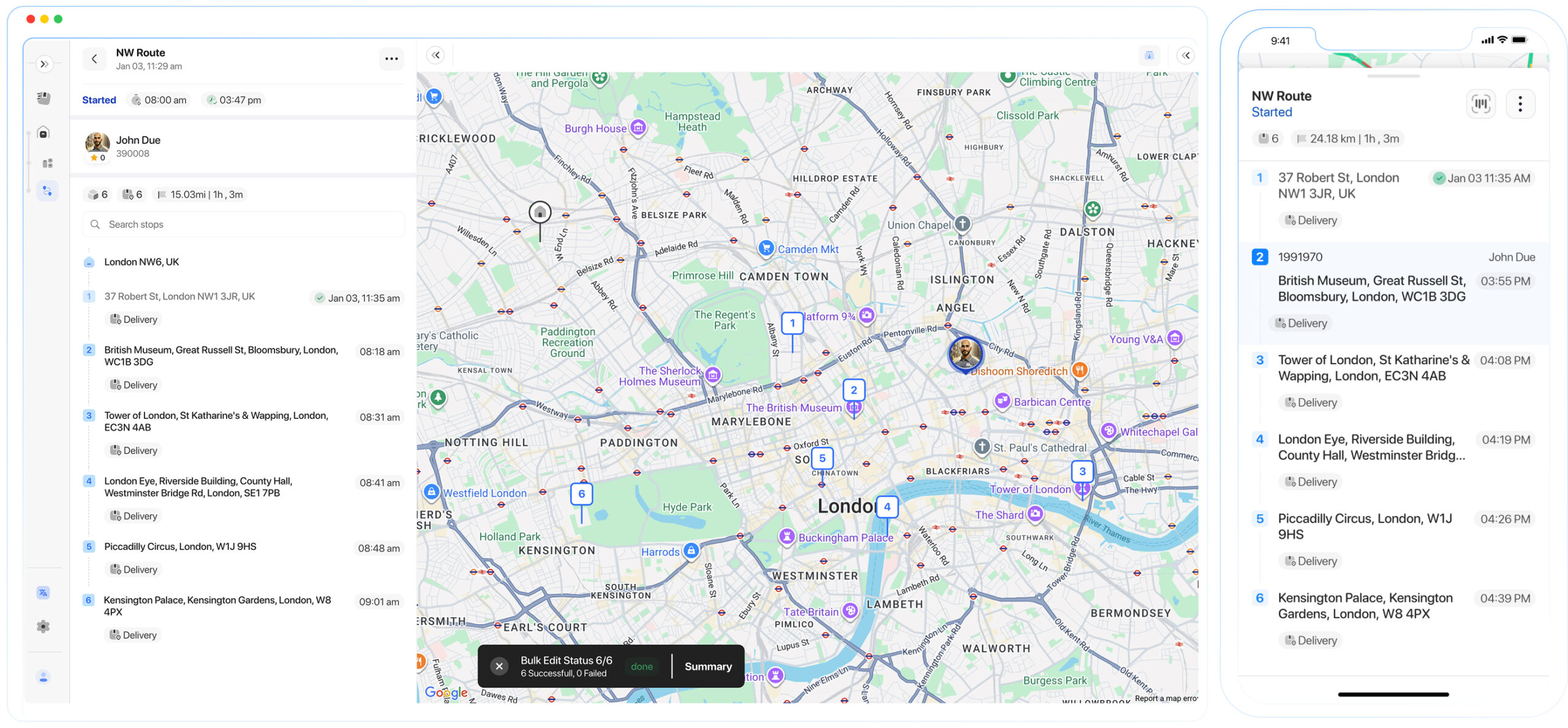 Courier software managing multi stop routes with separate delivery steps for bulk document orders