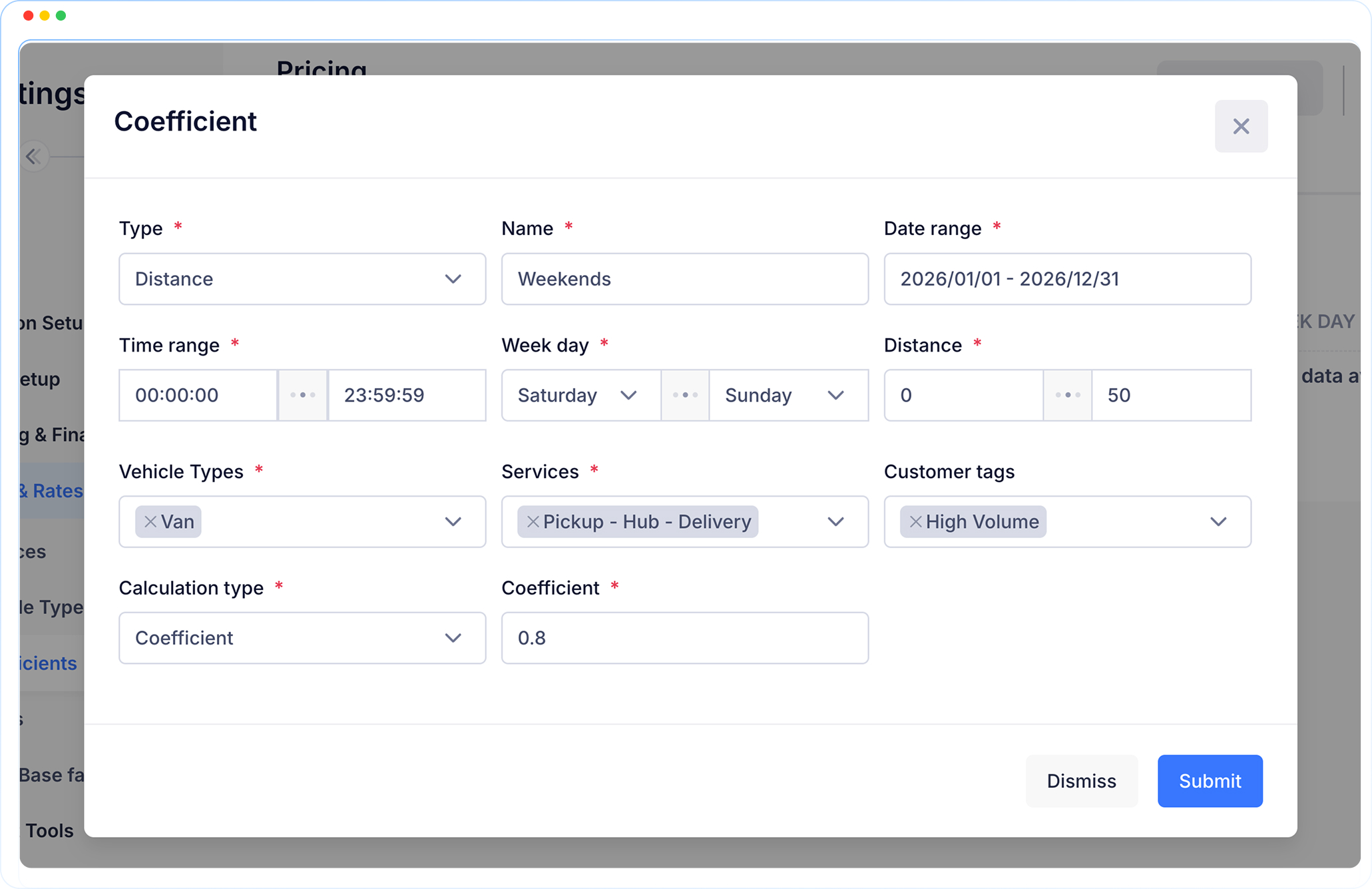 Courier software applying flexible pricing rules by date, service, vehicle, and zone