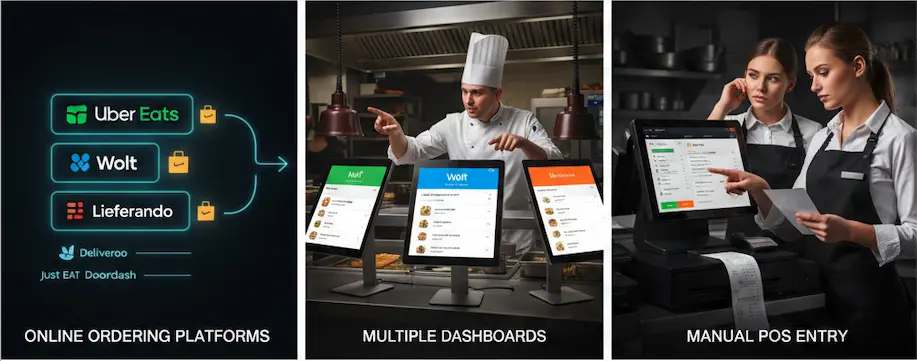 This image shows a restaurant workflows that is getting orders from online food platforms.