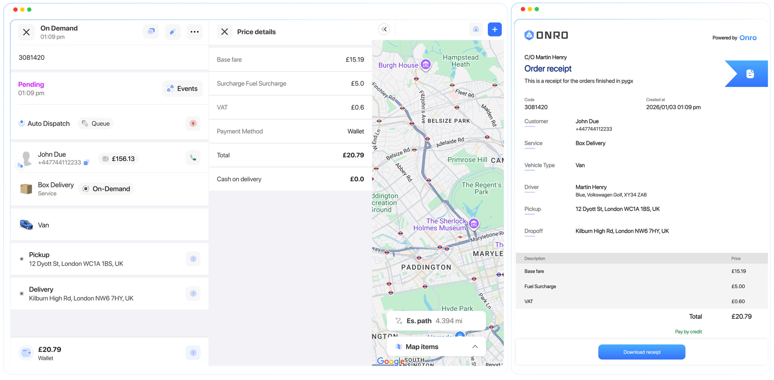 Automated pricing engine calculating delivery cost based on distance, urgency, and service type