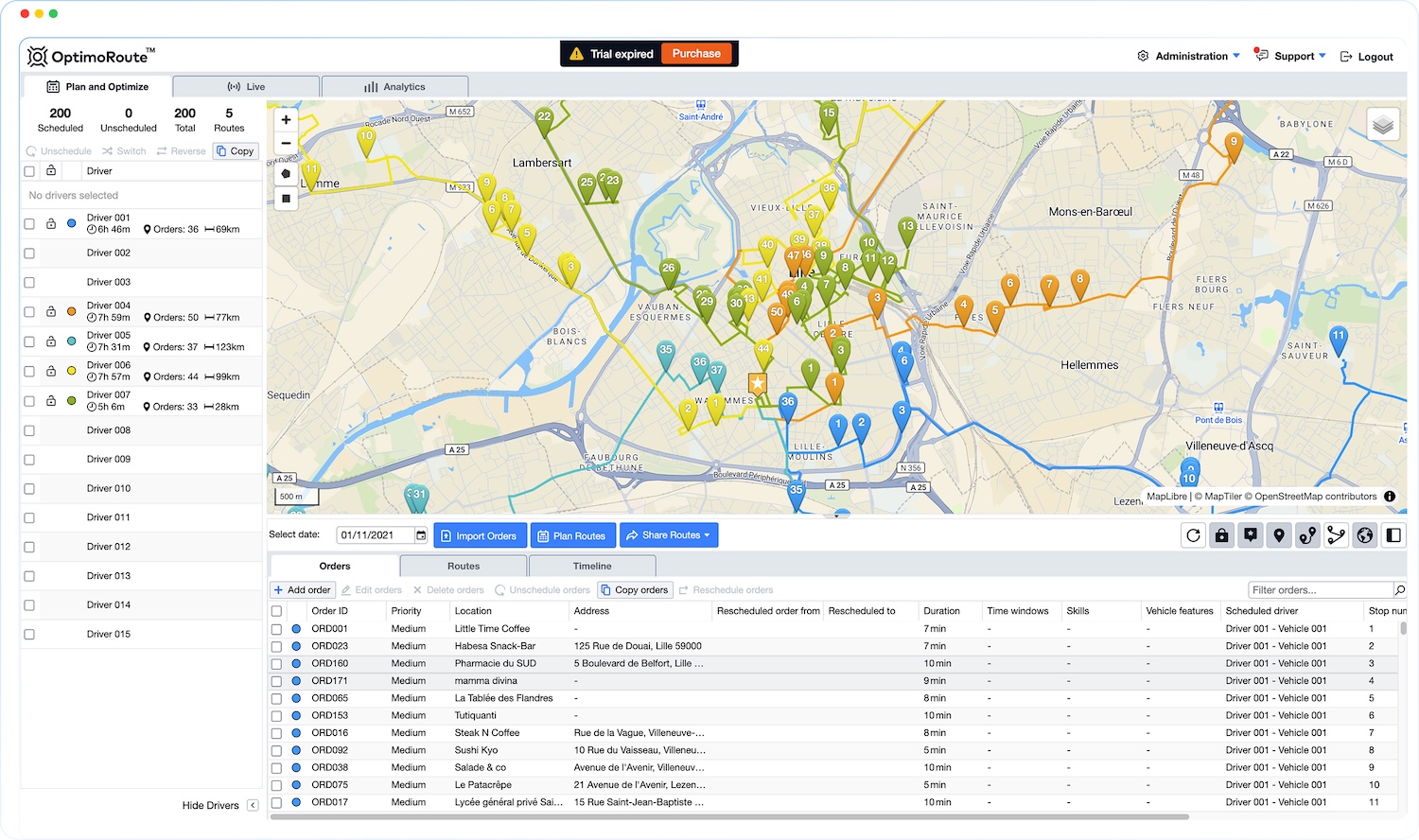 This image shows the dashboard of Optimaroute.