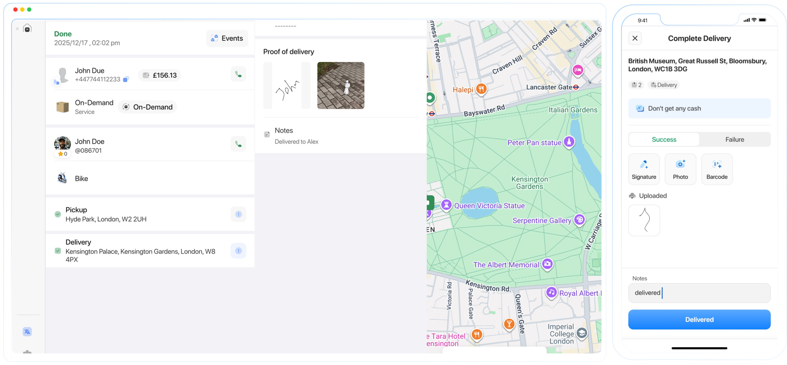 Proof of pickup and proof of delivery recorded in courier software with photos, signatures, and barcodes